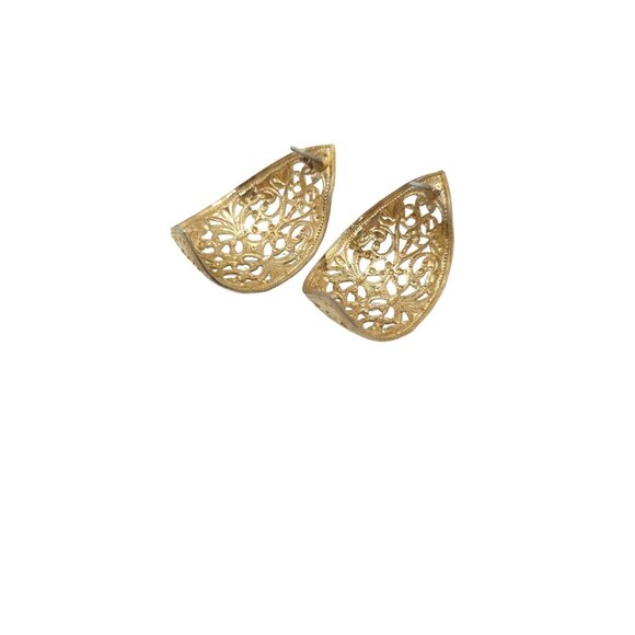 Vintage Gold-Tone Filigree Earrings Pierced Half-Moon Floral Design - Picture 4 of 4